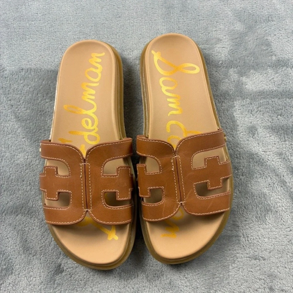 Sam Edelman Valeri Platform Slide Sandals Womens 6M Brown Leather Cutout Logo - Picture 9 of 15